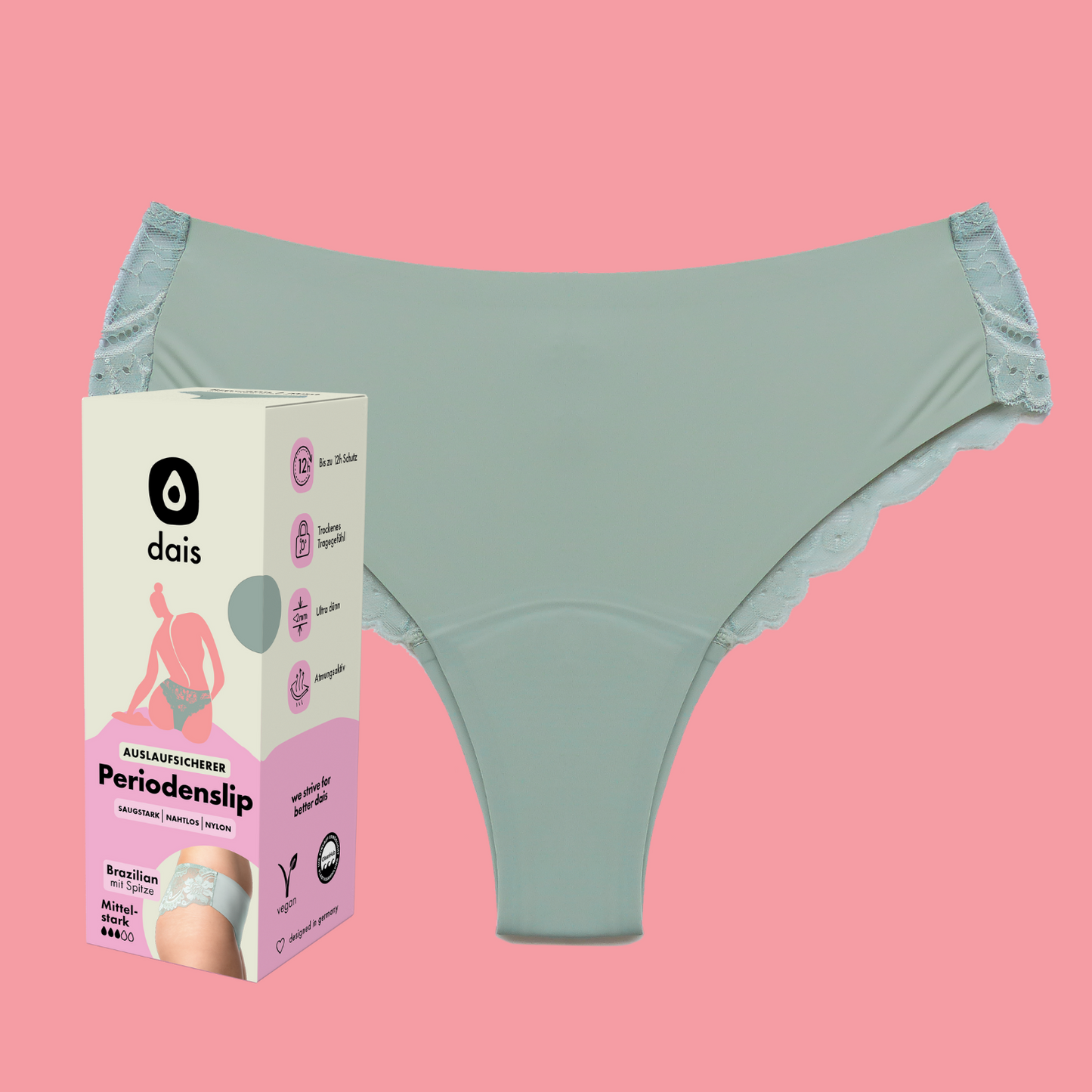 Period Underwear - Brazilian with Lace Back - Matcha